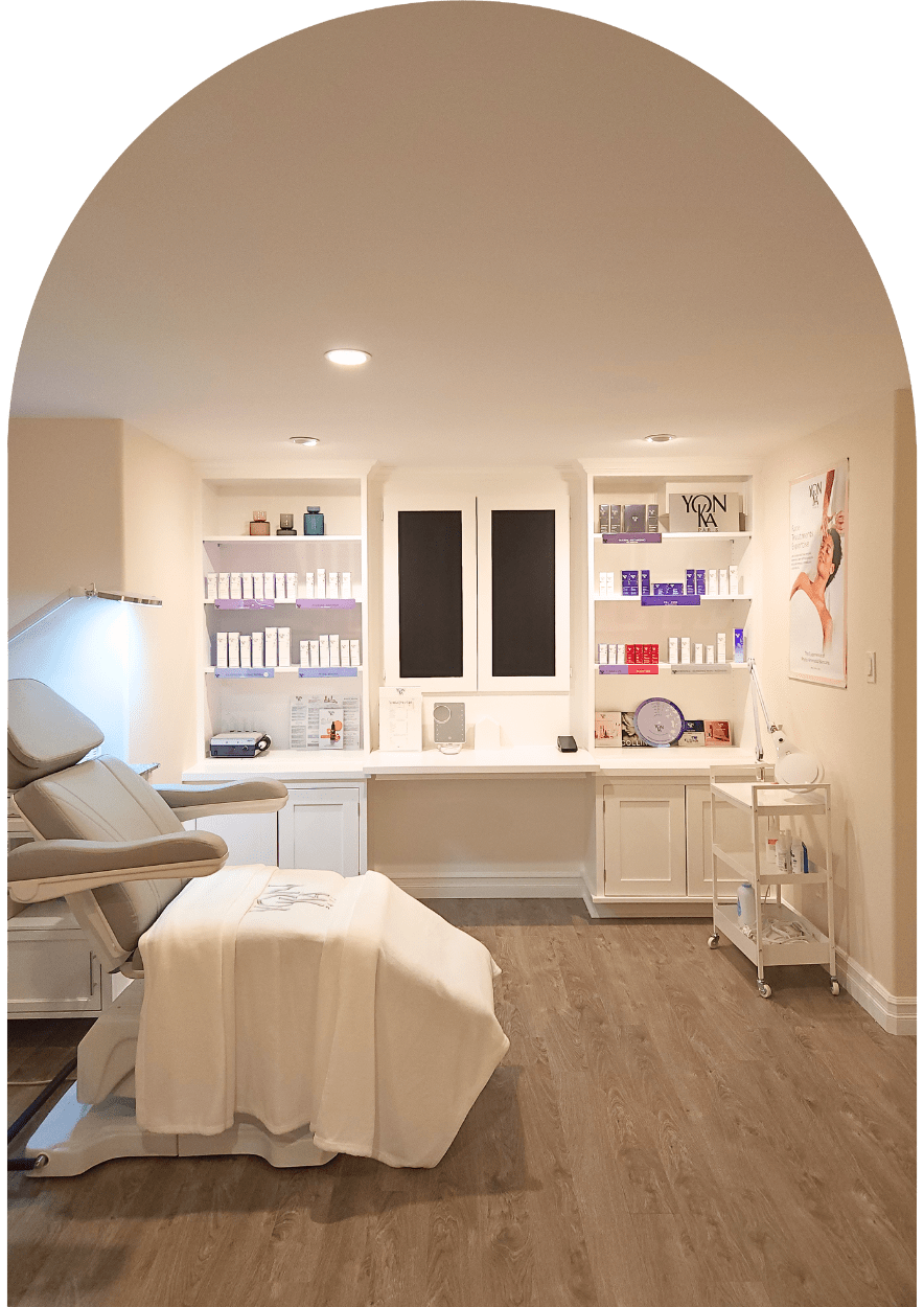 Interior of Ersa Esthetics Spa, showcasing Yonka skincare products as well as our Service area for Facials, Pedicures, Waxing, Lash Lift & Tint, and more.